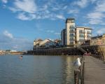 A photo taken at Marine Lake in Weston-super-Mare looking over the causeway towards Knightstone Island.