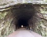 A photo of the Strawberry Line tunnel with bollard style lighting running through it.