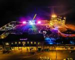 An aerial photo of the Tropicana taken at night while an event is taking place.