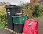 Full waste container set including red recycling bag