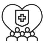 A black outline graphic depicting a heart with a medical cross in the middle, hovering above a group of people standing together