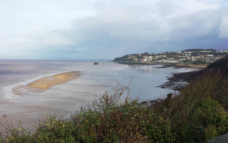 A view overlooking the coast at Clevedon with a sandy beach in foreground