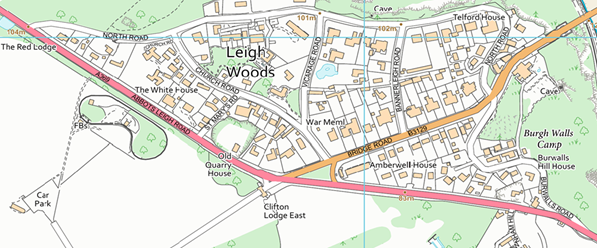 A map showing the area of Leigh Woods and the streets included in the parking scheme.