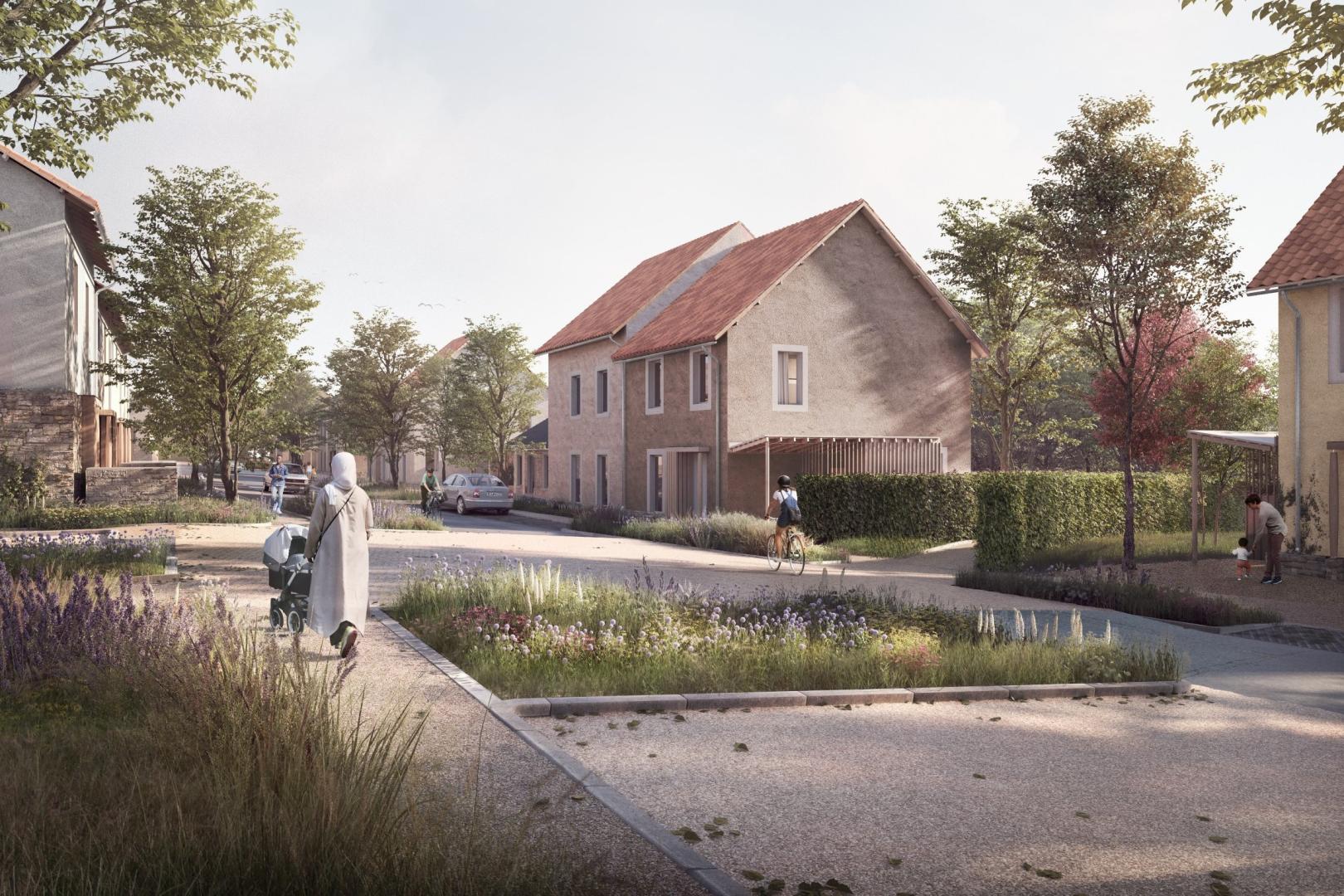 person pushing a pushchair through housing development