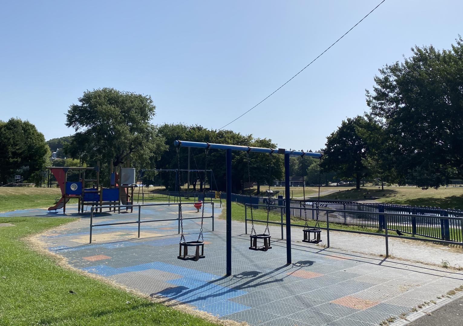 A photo of the children's play area at Portishead Lake Grounds taken in July 2022.