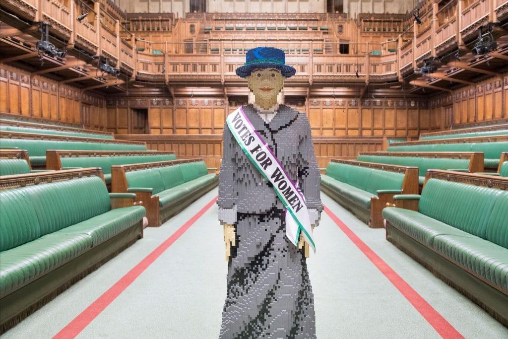 A photo of Hope, a sculpture of a suffragette made from LEGO bricks.