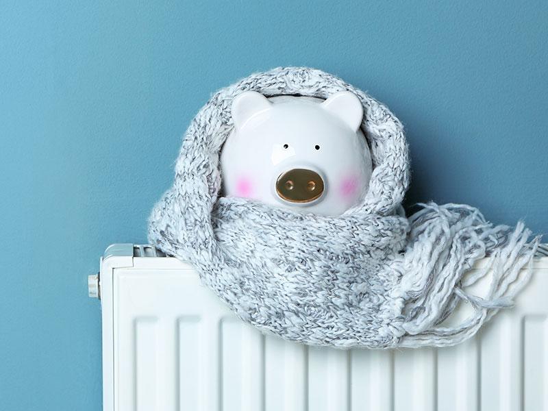 piggy bank wrapped in a grey scarf sat on top of a radiator