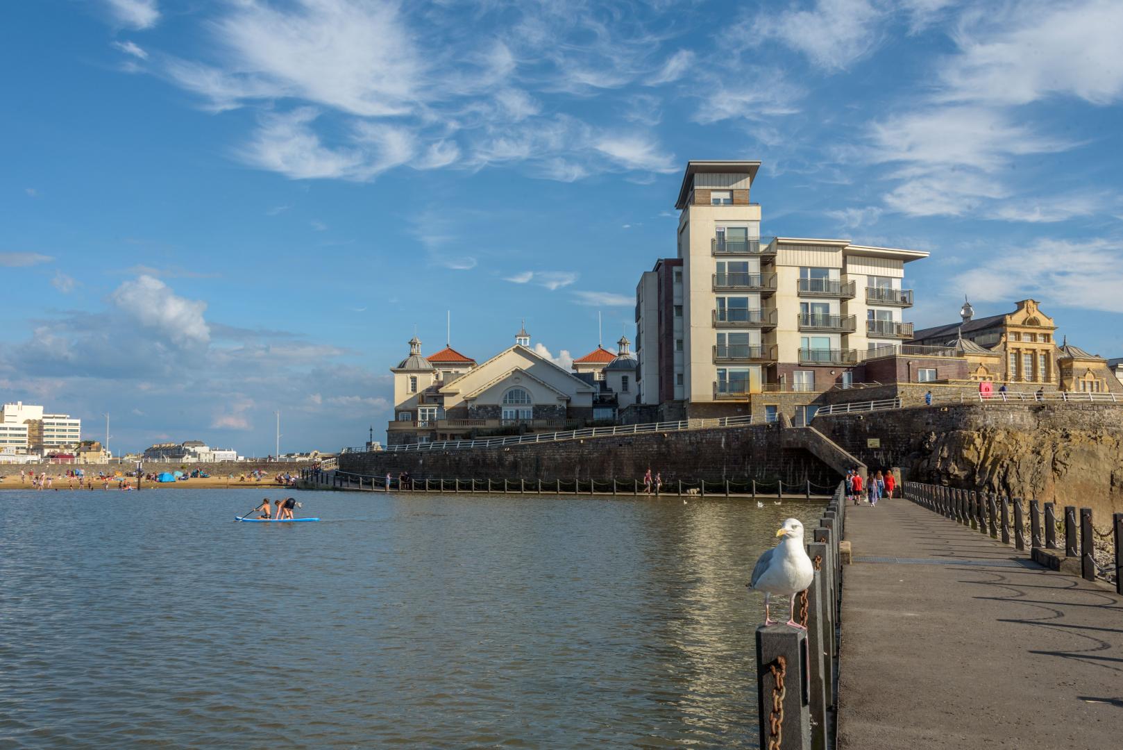 A photo taken at Marine Lake in Weston-super-Mare looking over the causeway towards Knightstone Island.