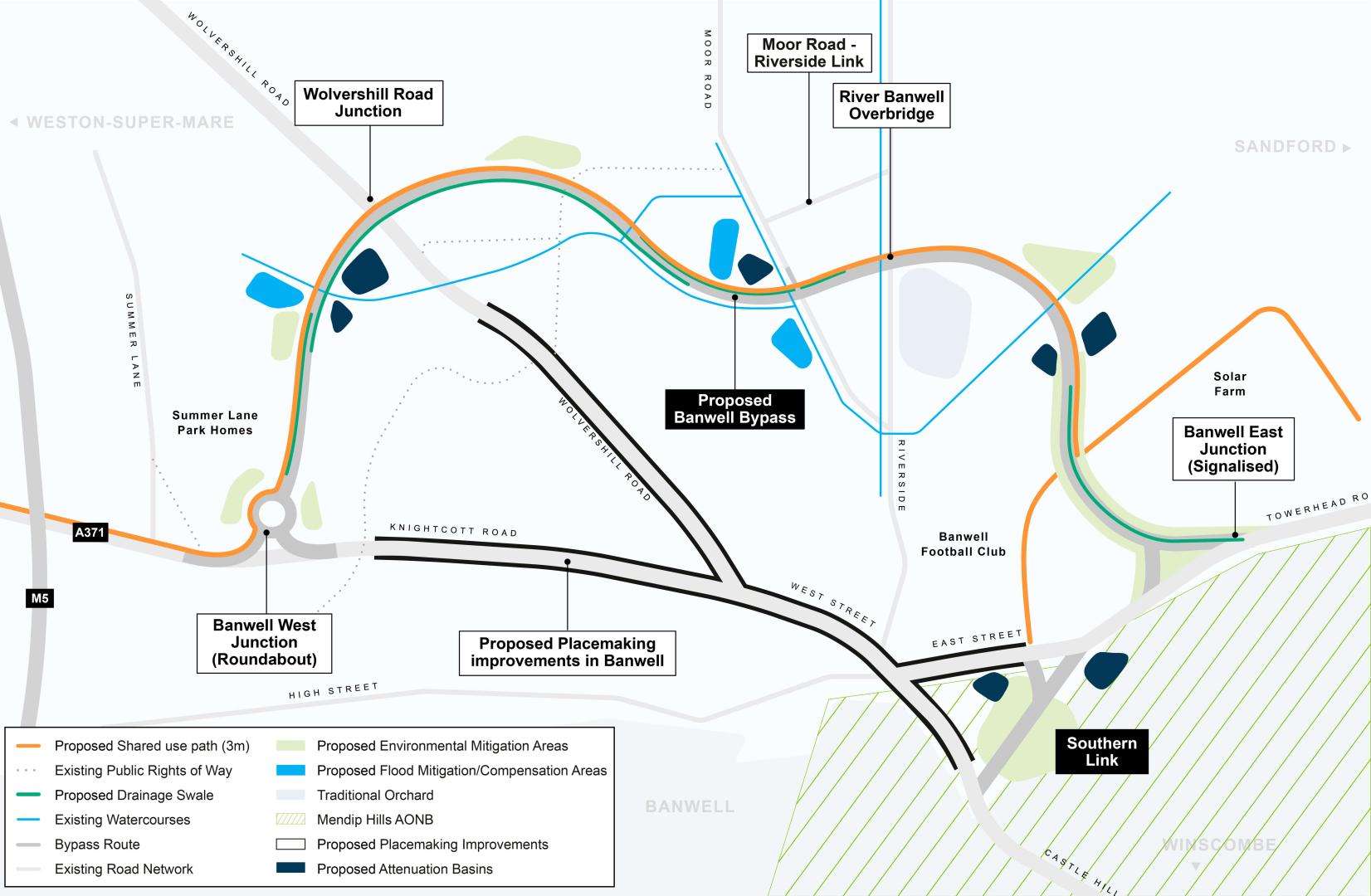 A map showing highlighted in green and orange the planned route of the Banwell bypass, between Banwell east and west junctions