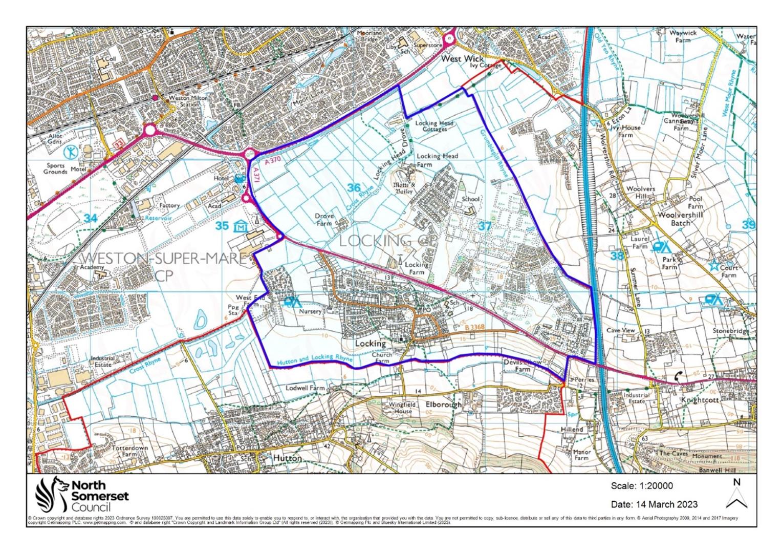 Map showing a blue border drawn around the area designed as the Locking Neighbourhood area, with a border along Grumblepill Rhyne to the right and West End Farm and the A370 to the left and top.