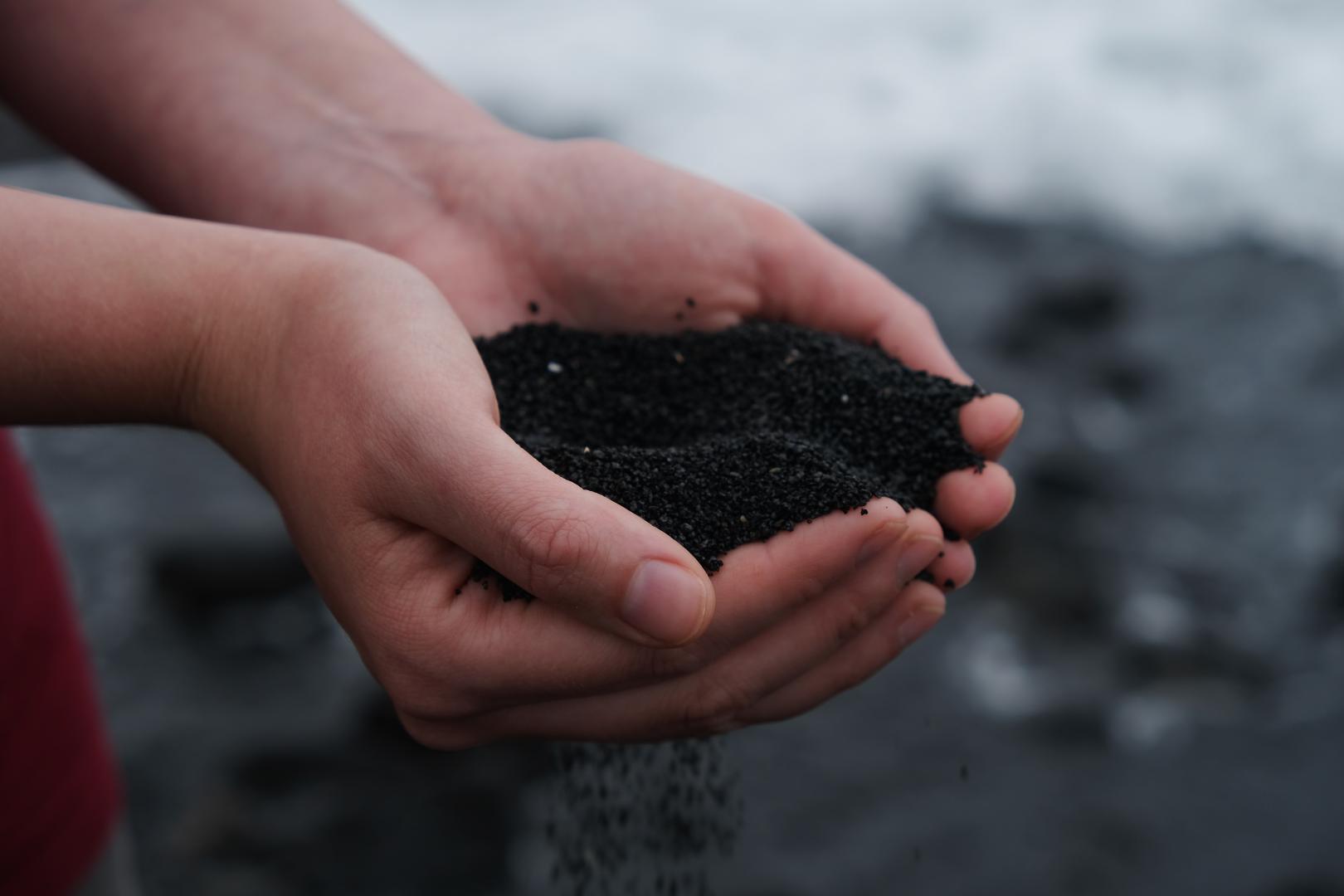 A close-up photo showing a pair of hands holding some compost.