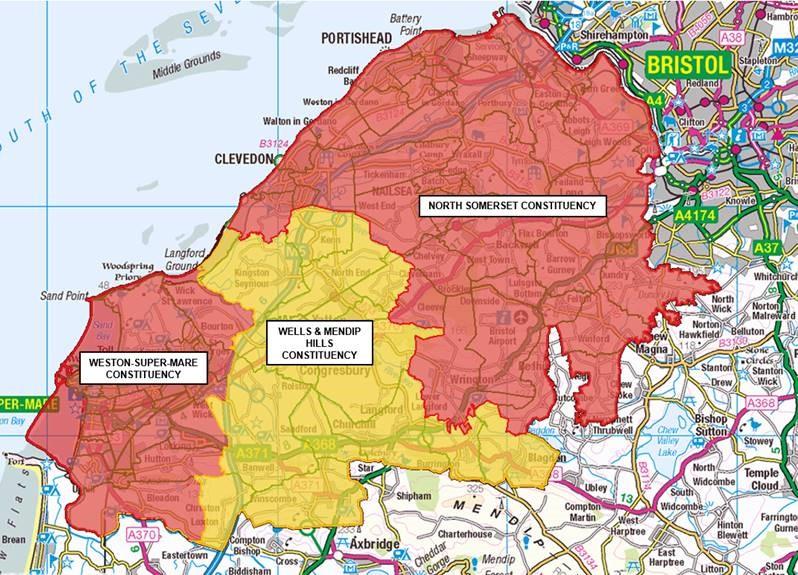 A map of the three new constituencies. Weston-super-Mare constituency will cover the town centre, Bleadon, Hutton, Bourton and Wick St Lawrence. Wells and Mendip Hills constituency will cover Kingston Seymour, Congresbury, Banwell, Winscombe, Churchill and Blagdon. North Somerset constituency will cover Nailsea, Backwell, Wrington, Bristol Airport and Winford.