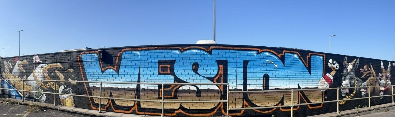 Spray-painted wall with the word 'Weston' written on it. It also has painted donkeys and seagulls, that are wearing gold chain necklaces