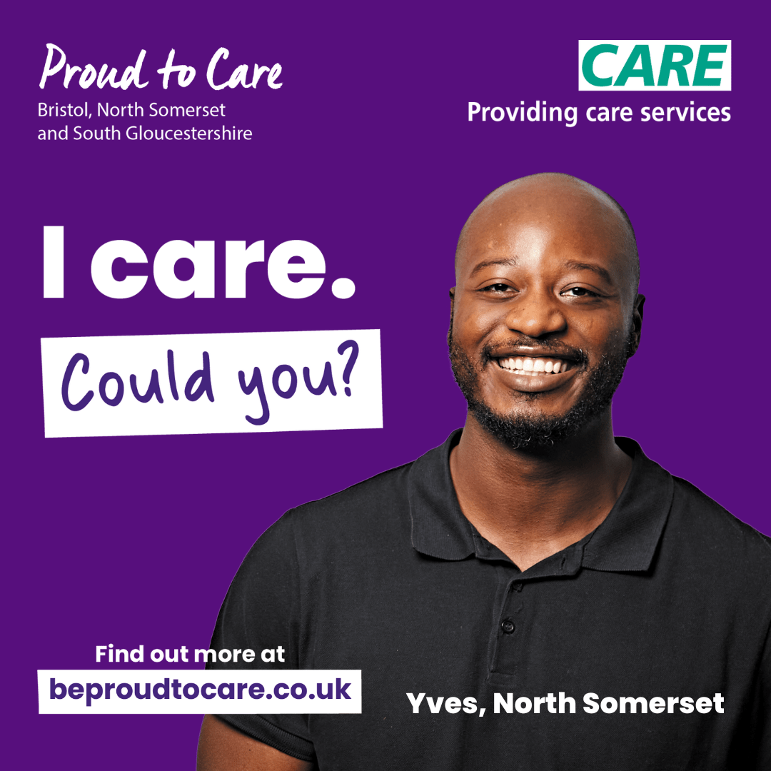 Proud to Care branded graphic featuring a domiciliary care worker called Yves