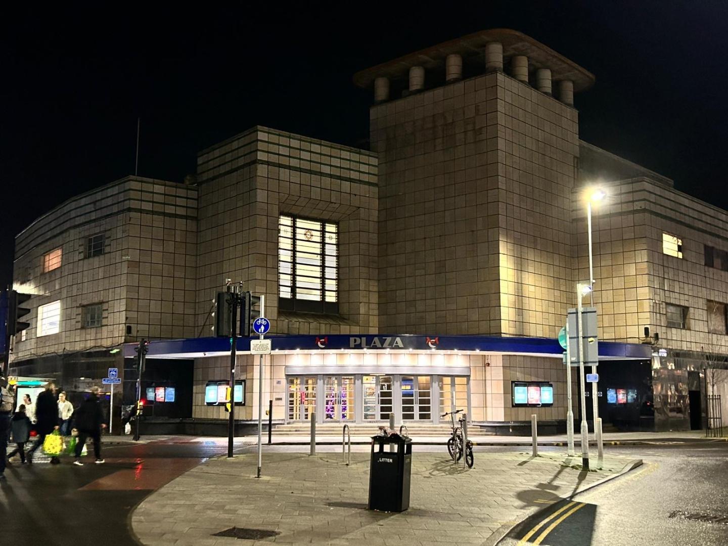 A photo of the entrance to the Plaza cinema in Weston-super-Mare taken at night