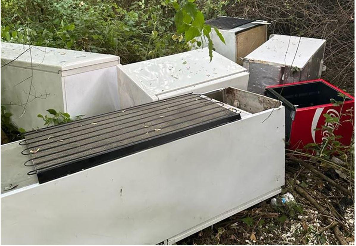 A photo of fridge freezers fly-tipped in Yanley Lane