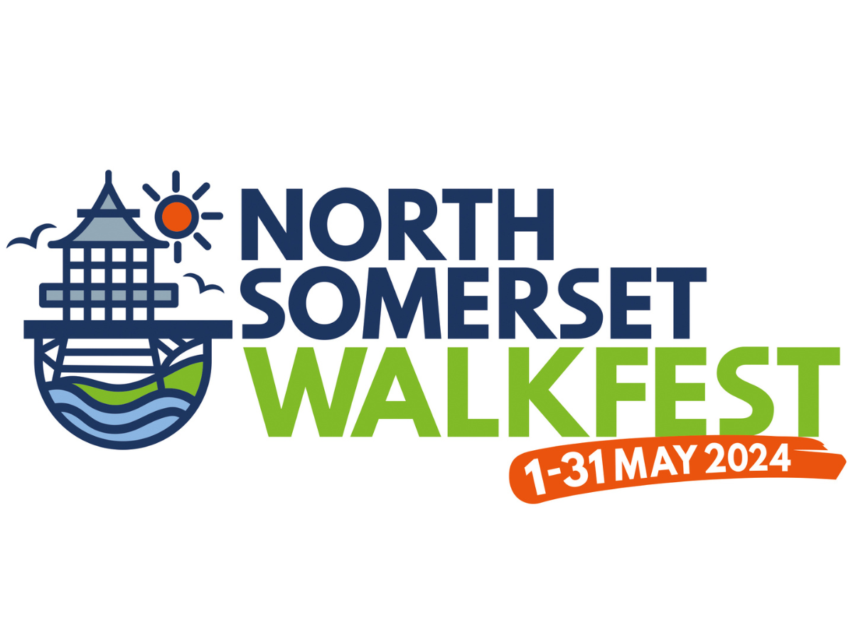 logo for North Somerset Walk Fest. Drawing of a pier with sunshine and the words 'North Somerset Walk Fest: 1 to 31 May 2024