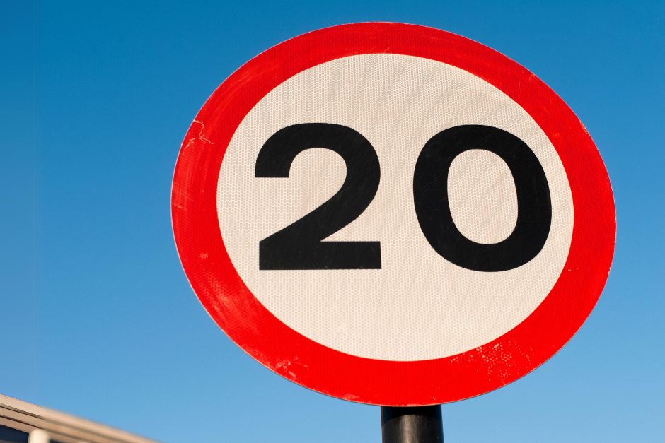 Close up of a 20 mph limit road sign