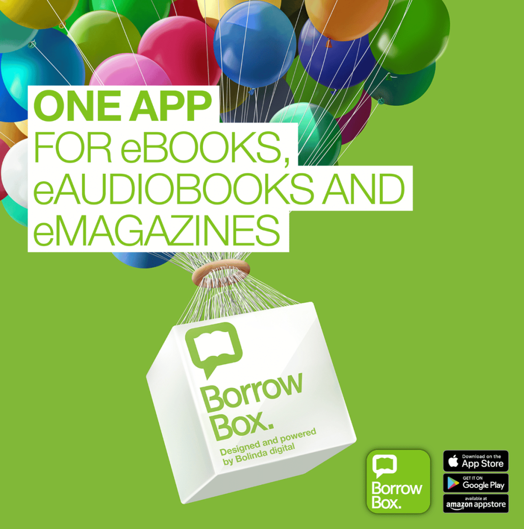 Logo for BorrowBox, showing a white paper bag being carried away by colourful ballons. Text reads One App for ebooks, eaudio, and enewspapers