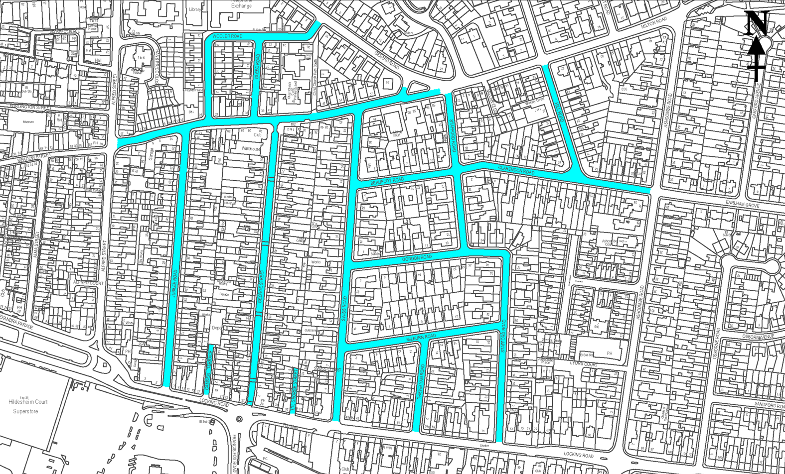 A map showing the affected streets for the Weston pilot parking scheme, with the streets outlined in blue