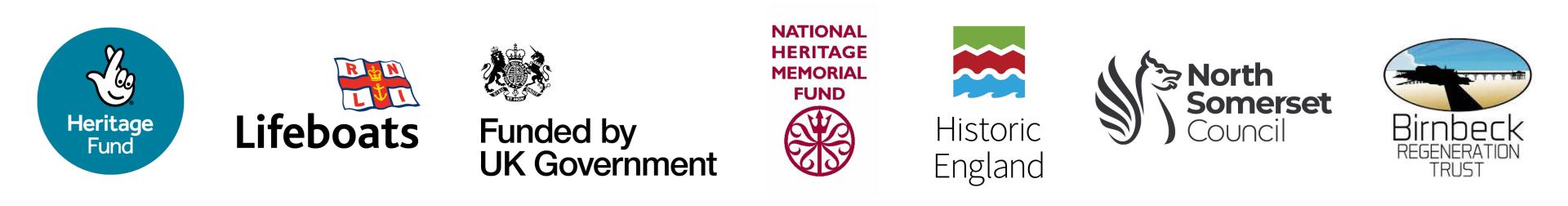 Logos Heritage Fund, Lifeboats, Funded by UK Government, National Heritage Memorial Fund, Historic England, North Somerset Council, Birnbeck Regeneration Trust