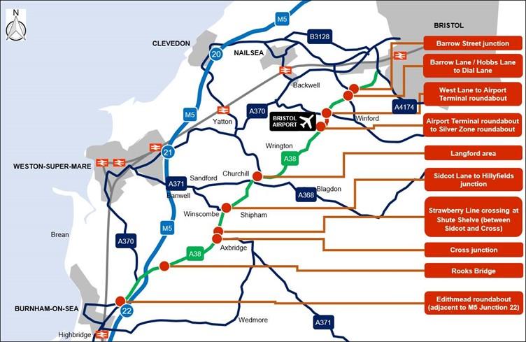 A map outlining the nine areas where the A38 improvement project is going to apply the funding. Starting at Edithmead Roundabout in Burnham and ending at Barrow Street Junction outside Backwell. 