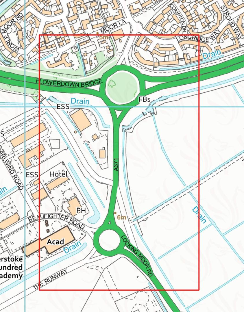 A map showing Flowerdown Bridge, A371 and Locking Moor Road. 