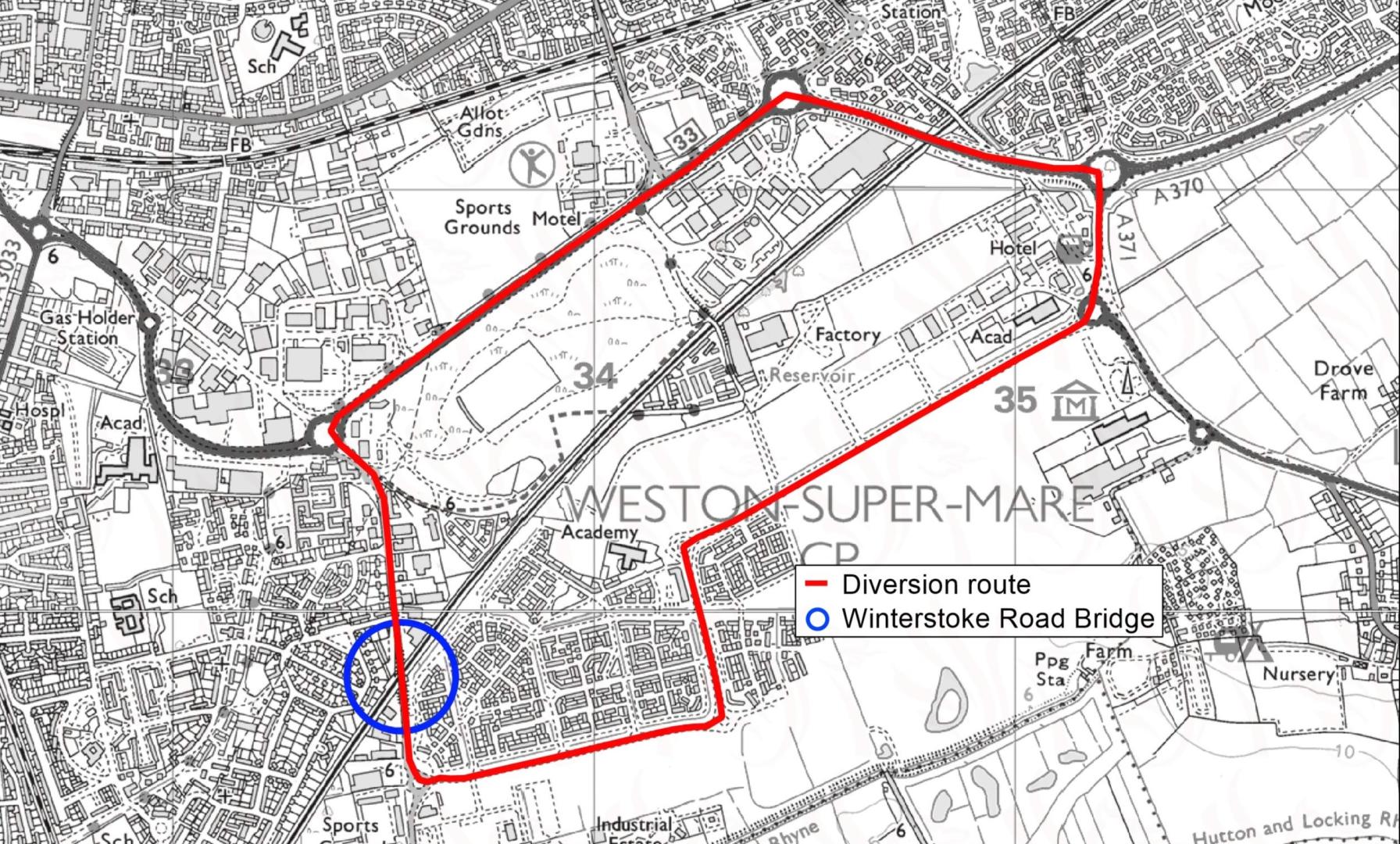 A map showing the diversion route along The Runway, A371, Flowerdown Bridge and A370.