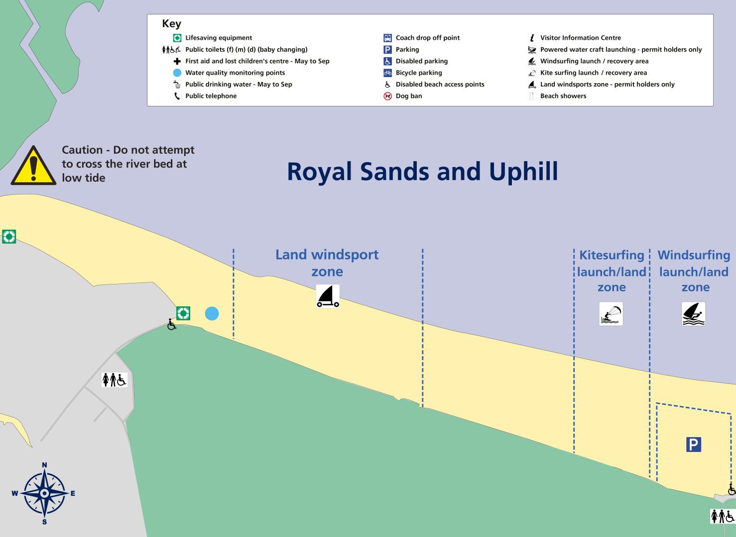 A map of Royal Sands and Uphill beach area. It shows that the beach closest to Uphill is the land windsport zone. The beach area closest to Royal Sands is kitesurfing launch and land zone and windsurfing launch and land zone.