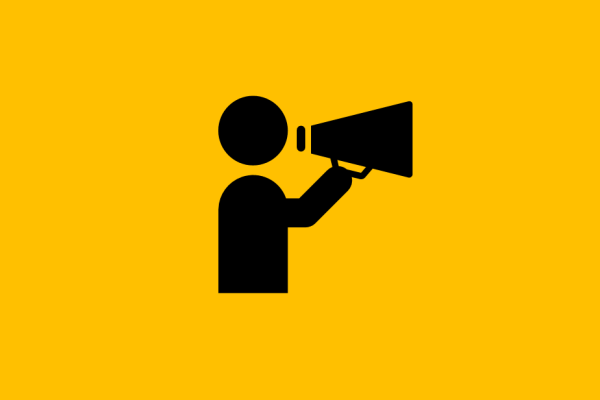 A bright yellow background with an icon of a person holding a loudspeaker