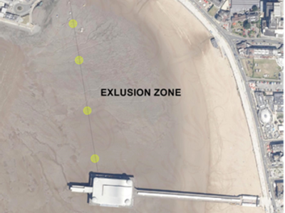 An overhead view of the bay inlet next to Knightstone Island, with a line showing the width of the exclusion zone