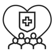 A black outline graphic depicting a heart with a medical cross in the middle, hovering above a group of people standing together